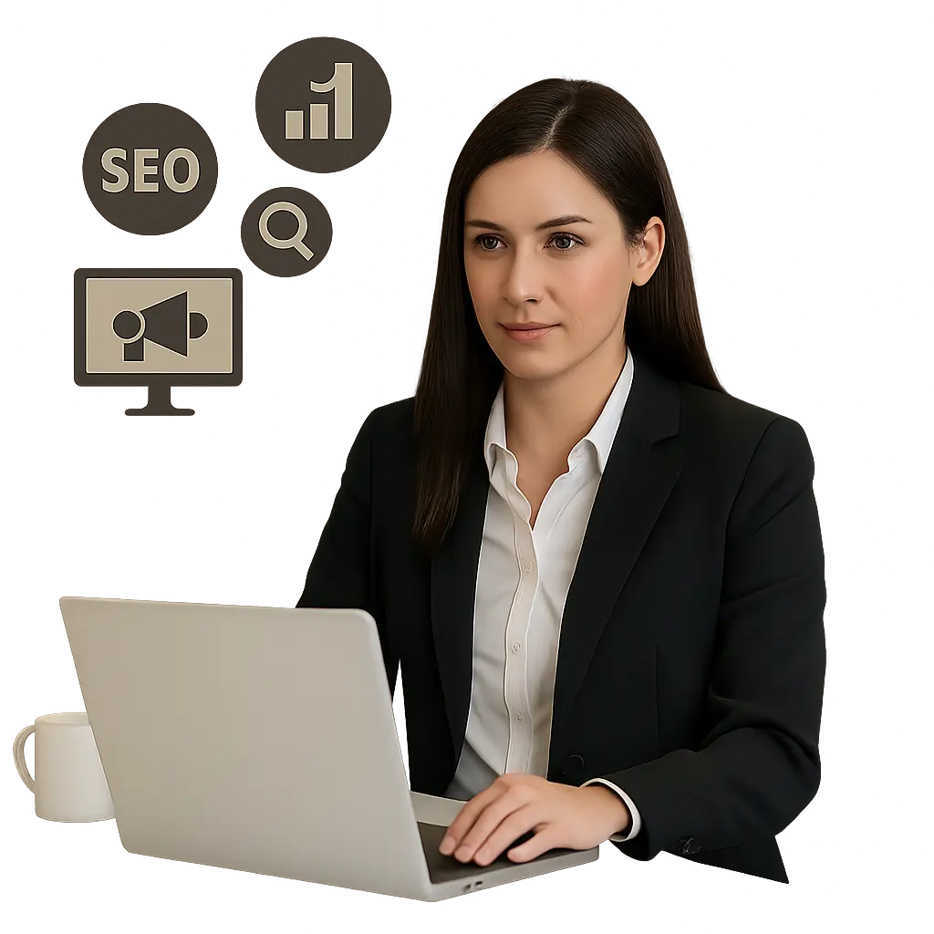 a lady with laptop,a monitor,seo,graph,lens