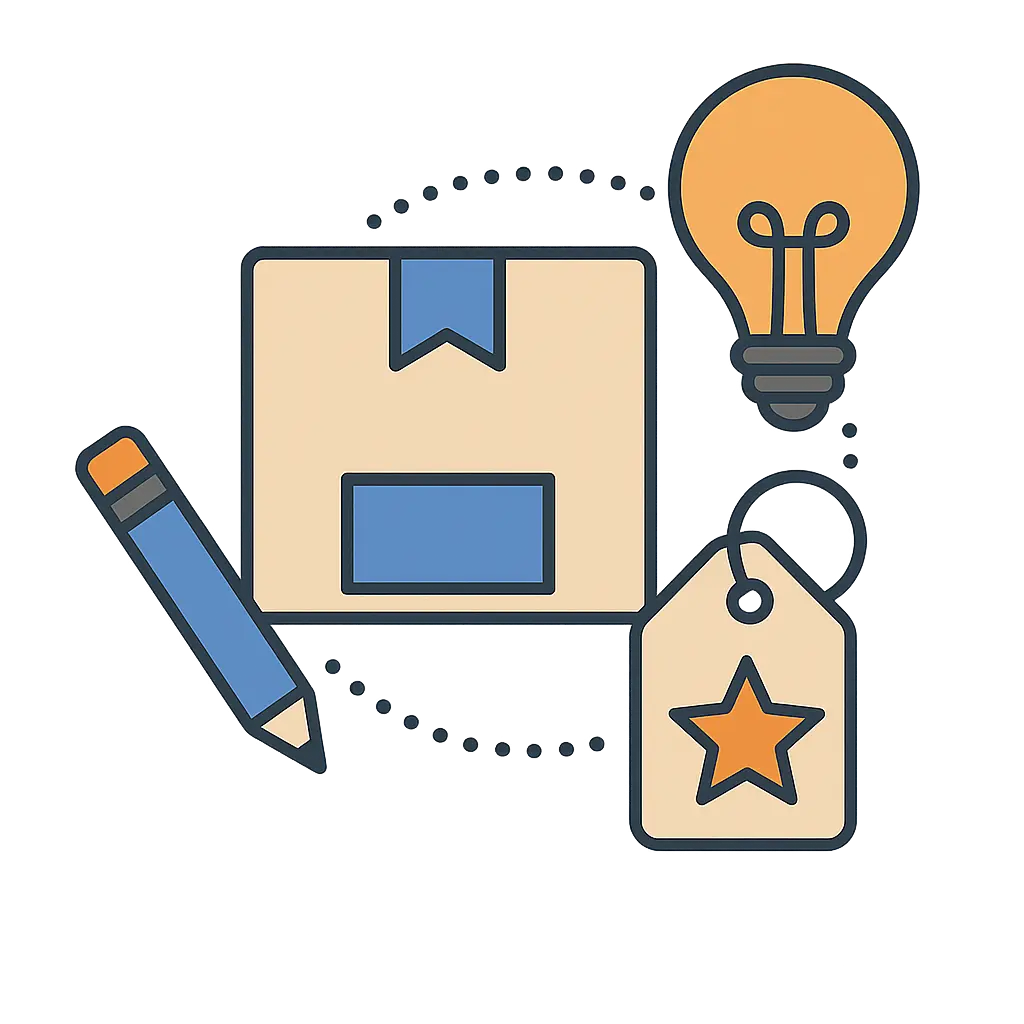 pen,bulb,letter pad,tag