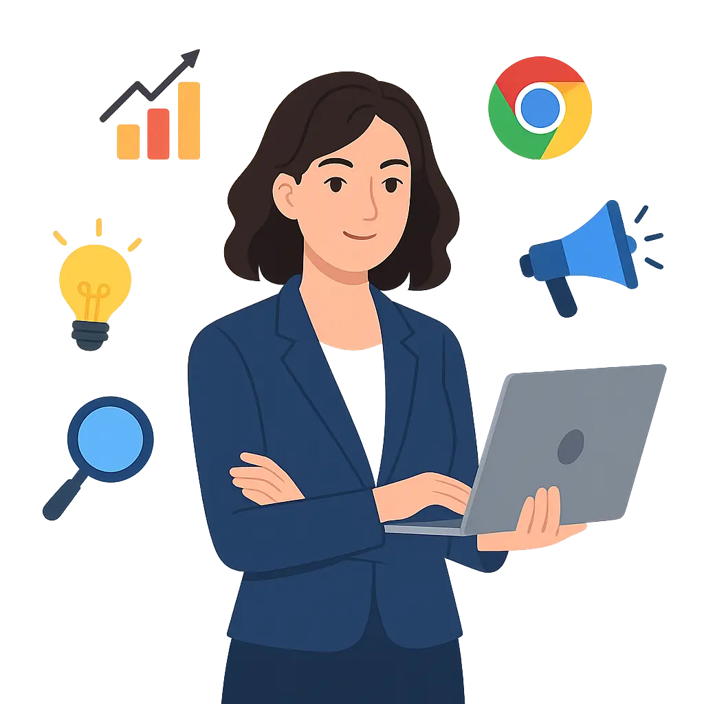 a lady with laptop,digital marketing tools around it