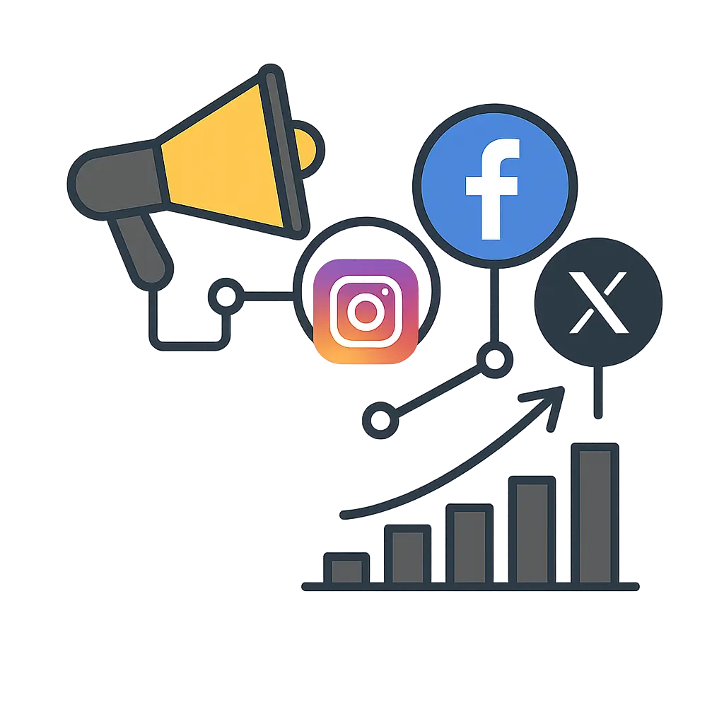instagram,facebook x logos with graph and speaker