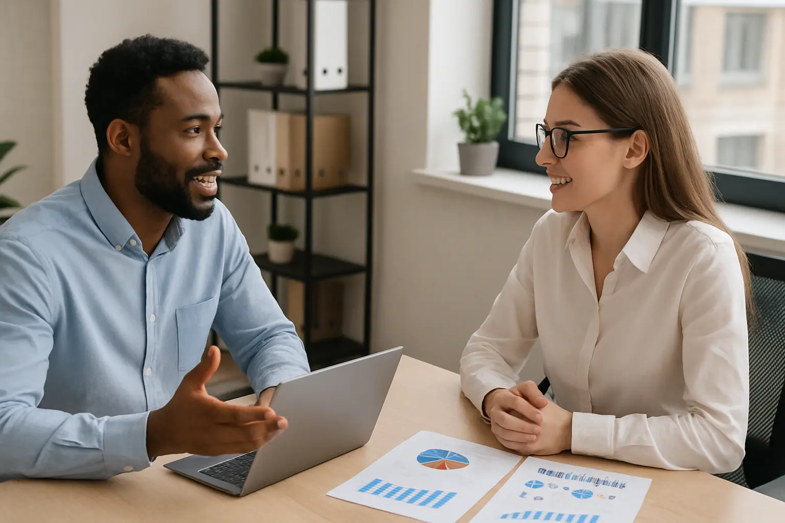 a lady and men talking with each other