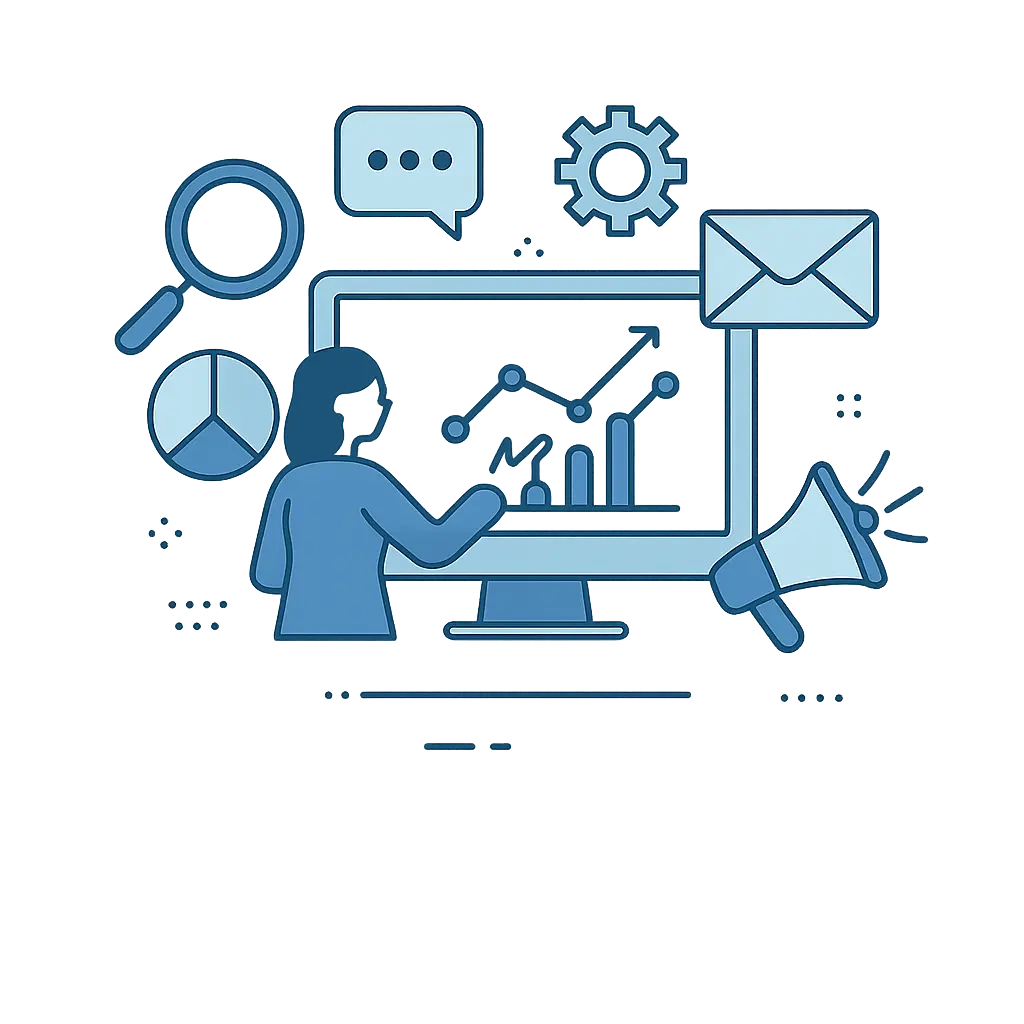 a lady with monitor and digital marketing tools